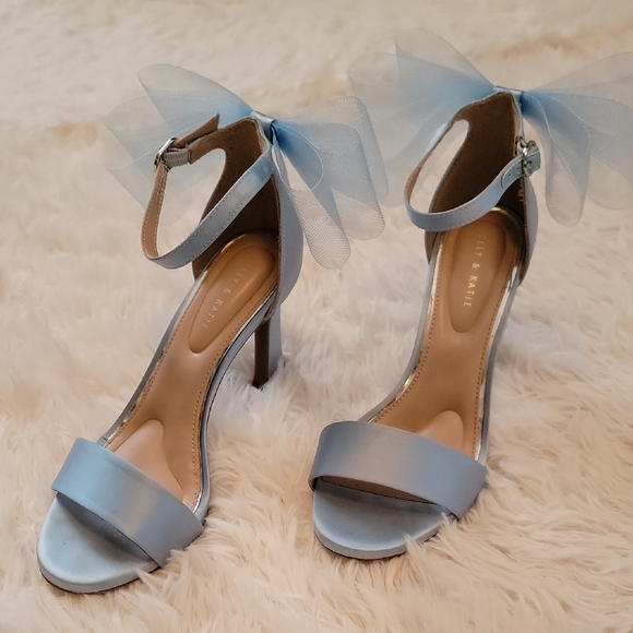 Kelly & Katie Shoes - Kelly & Katie Nemira Satin Blue Ankle Strap Bow Sandal Heels Size 8.5 EUC